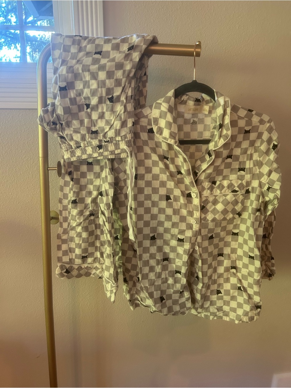 LatteLove Cat Gingham Pajama Set Purple Checkered Button Up&Jogger Pants Women’s